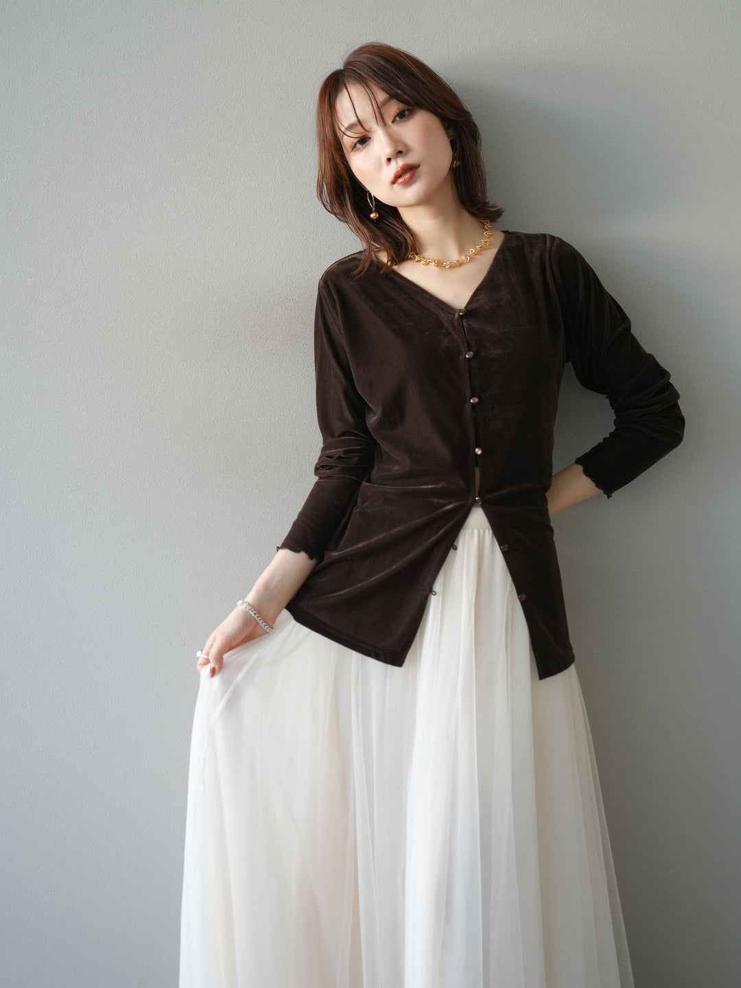 [予約]ベロアカーディガン/brown