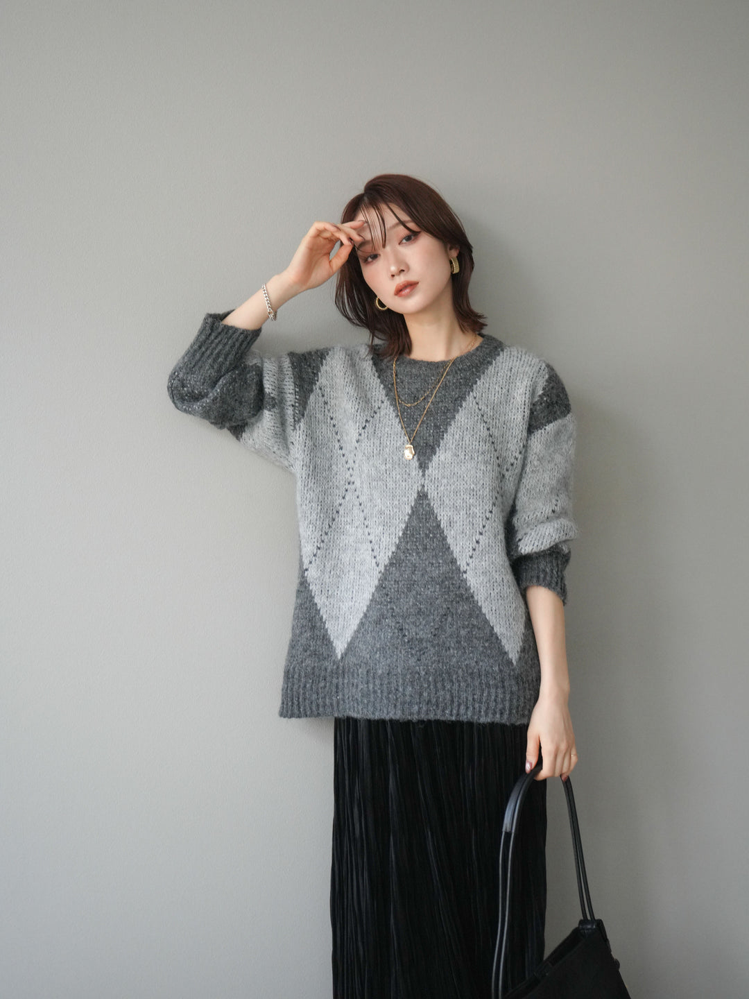 [予約]アーガイルオーバーニットプルオーバー/gray