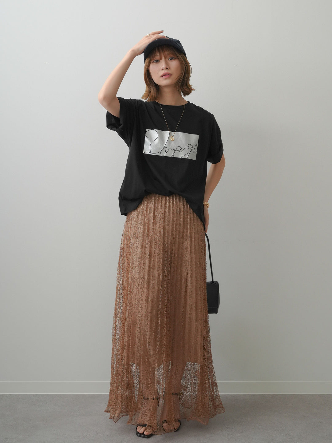 [SET]箔プリントボックスTEE+フローラルレースプリーツスカート(2set)