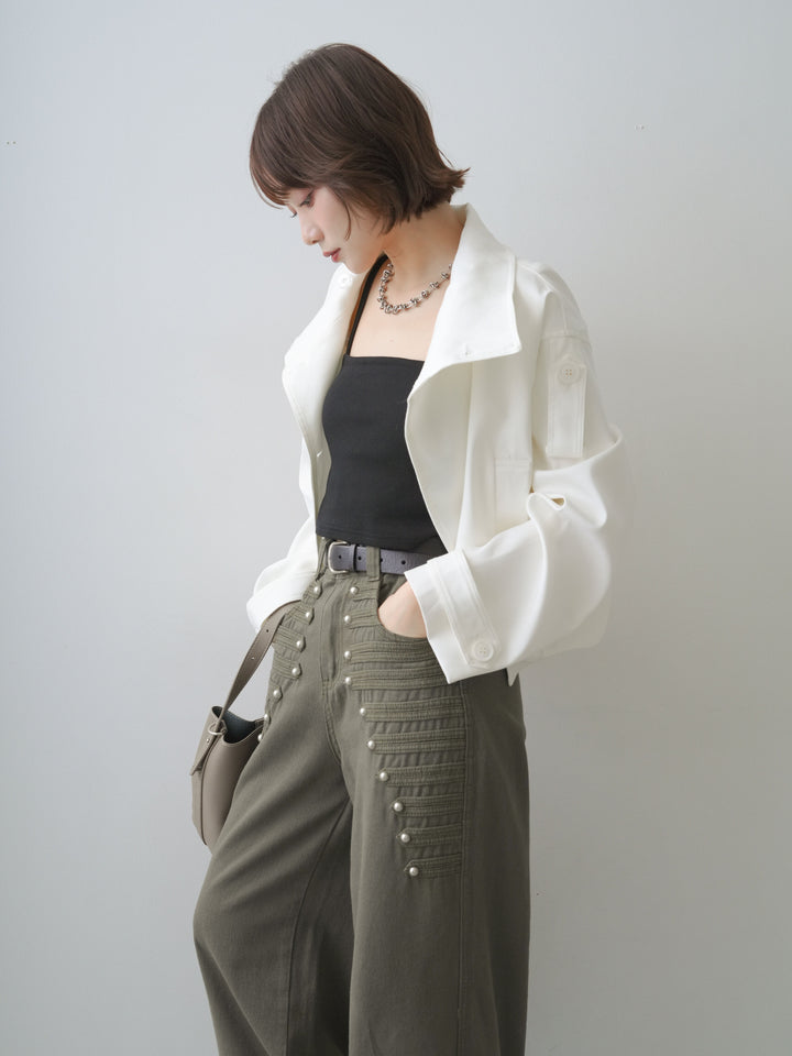 [SET]コクーンショートトレンチ+ダブルストラップカップ付キャミソール+ナポレオンワイドストレートパンツ(3set)