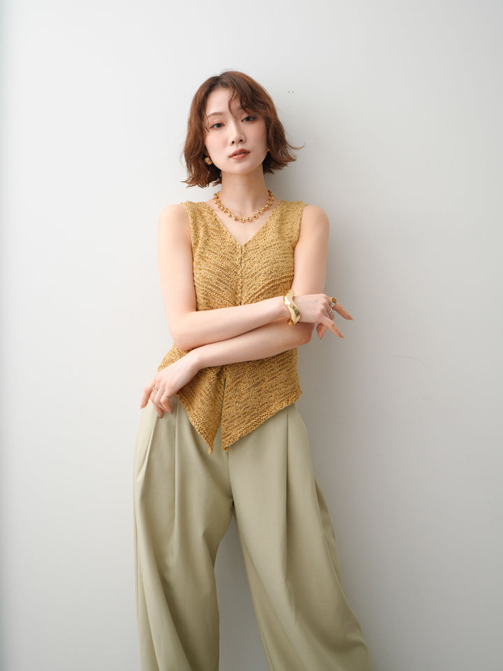 [予約]テープヤーンVネックニットトップス/khaki