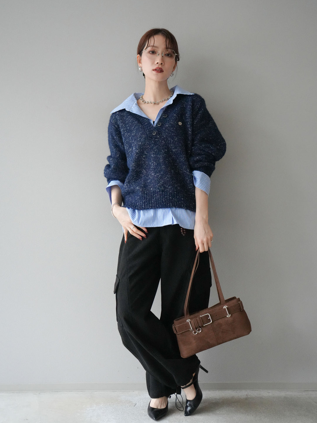 [SET]ストライプシャツドッキングMIXヤーンニットプルオーバー+ベルト付コーデュロイカーゴパンツ(2set)