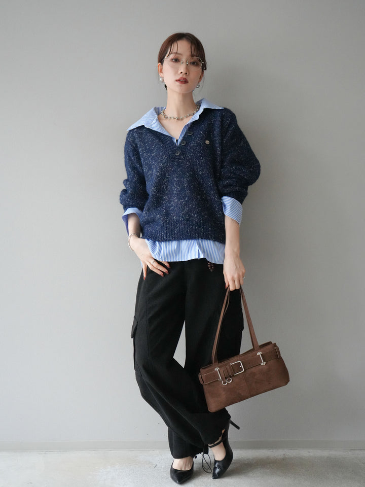 [SET]ストライプシャツドッキングMIXヤーンニットプルオーバー+ベルト付コーデュロイカーゴパンツ(2set)