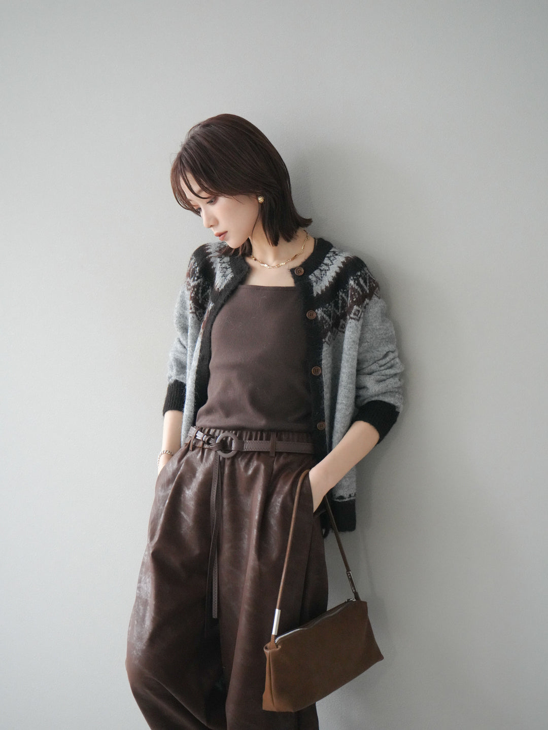 [予約]ノルディック柄ニットカーディガン/gray