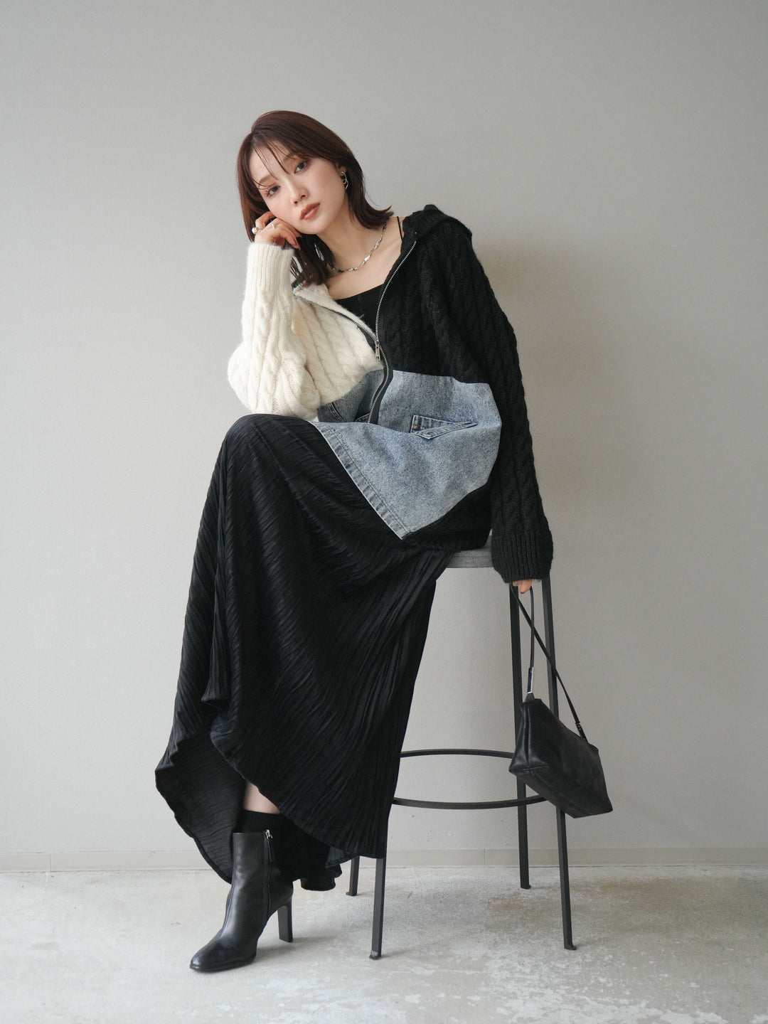 [予約]デニム×バイカラーニットZIPフーディ/black