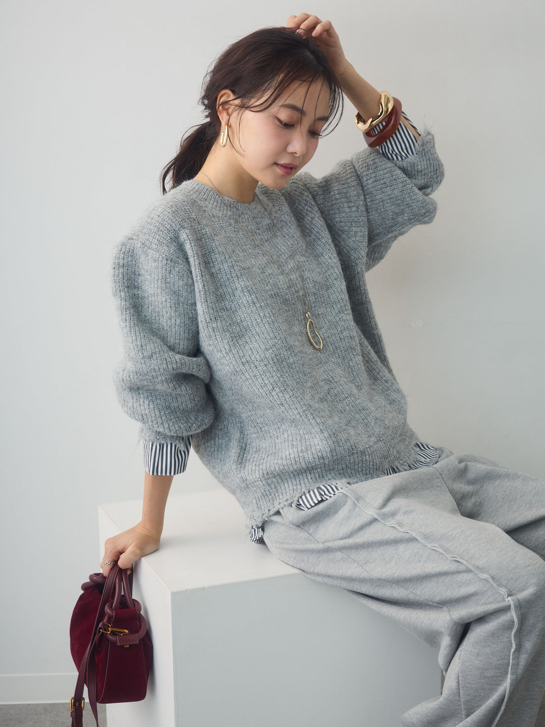 [SET]シャツレイヤードデザインモヘアプルオーバー+選べるアクセセット(2set)