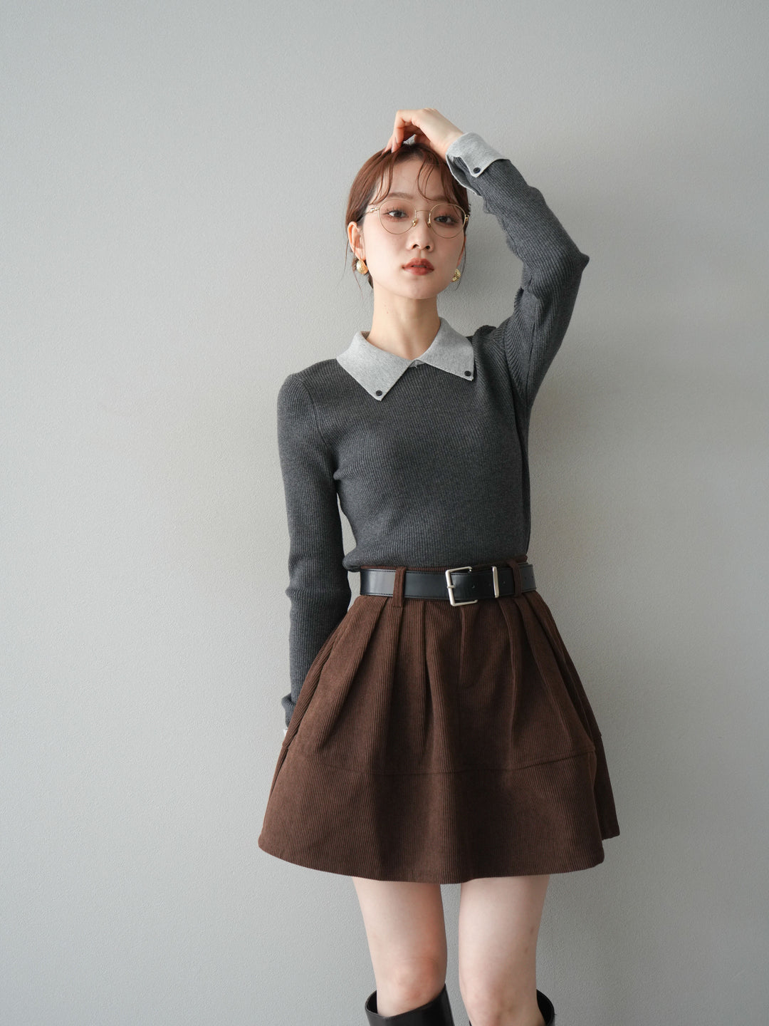 [予約]ニットカフス襟付き配色リブニットトップス/charcoal