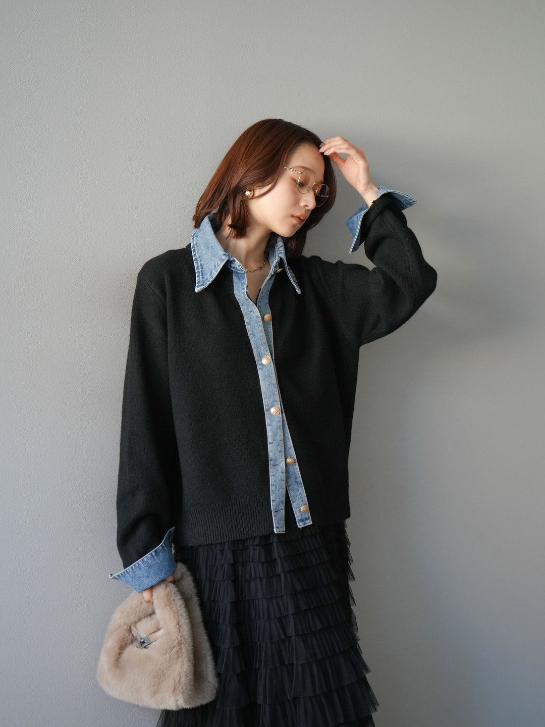 [予約]デニム襟ボタンニットカーディガン/black