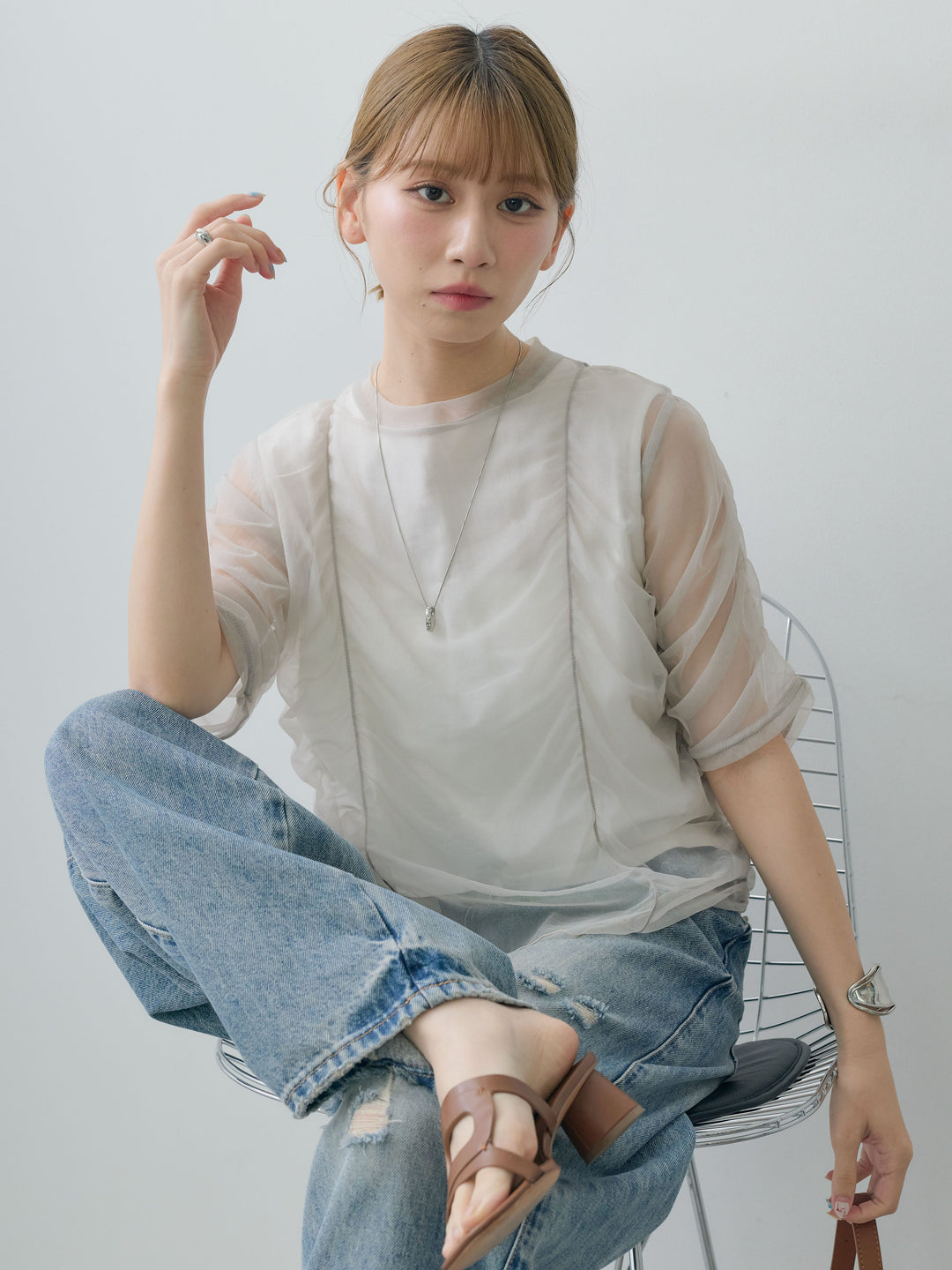 [SET]シアーレイヤードギャザー半袖トップス+ダメージデニムセミワイドパンツ(2set)