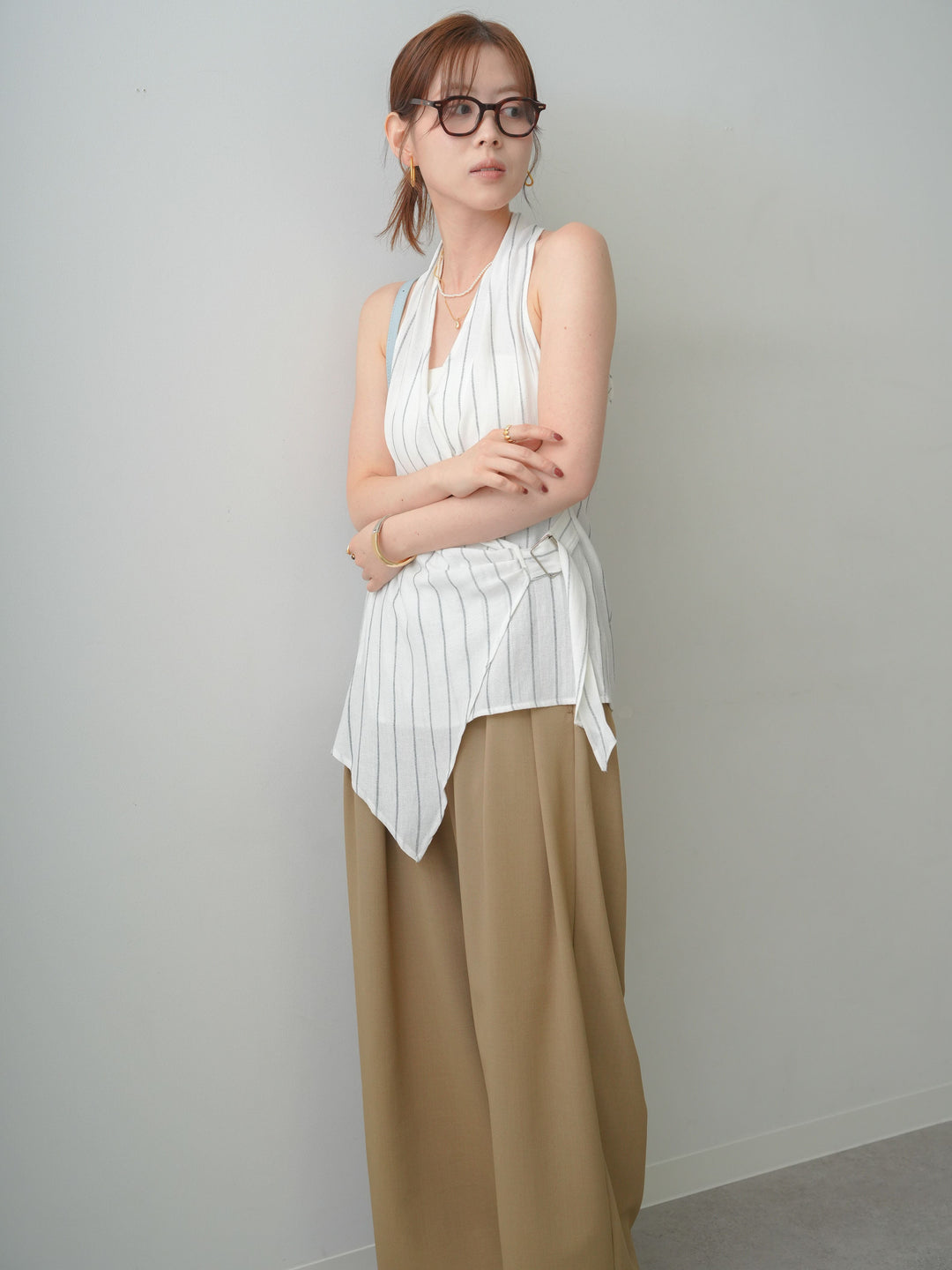 [SET]ストライプカシュクールジレ+クレープデシンタックワイドパンツ(2set)