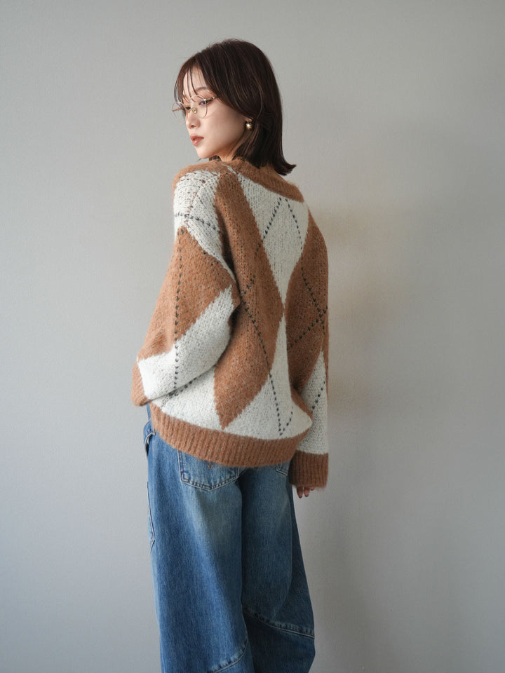 [予約]アーガイルオーバーニットプルオーバー/camel