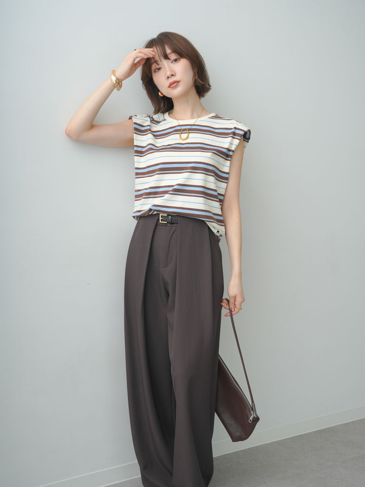 [SET]ショルダーパッドフレンチTEE+ベルトループデザインワイドパンツ(2set)
