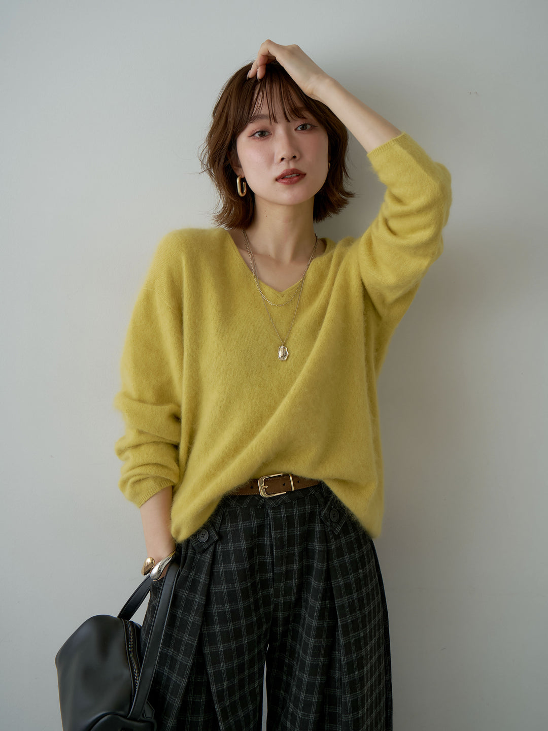 [SET]カシミア混フェザータッチVネックニットトップス+チェックサイドベルトデザインタックパンツ(2set)