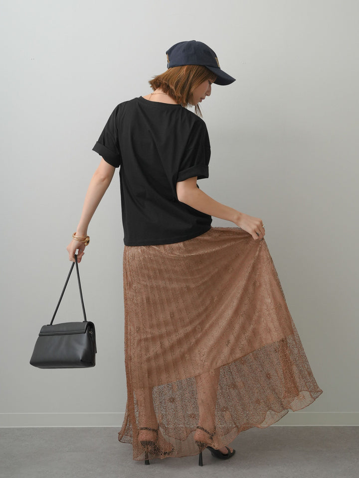 [SET]箔プリントボックスTEE+フローラルレースプリーツスカート(2set)