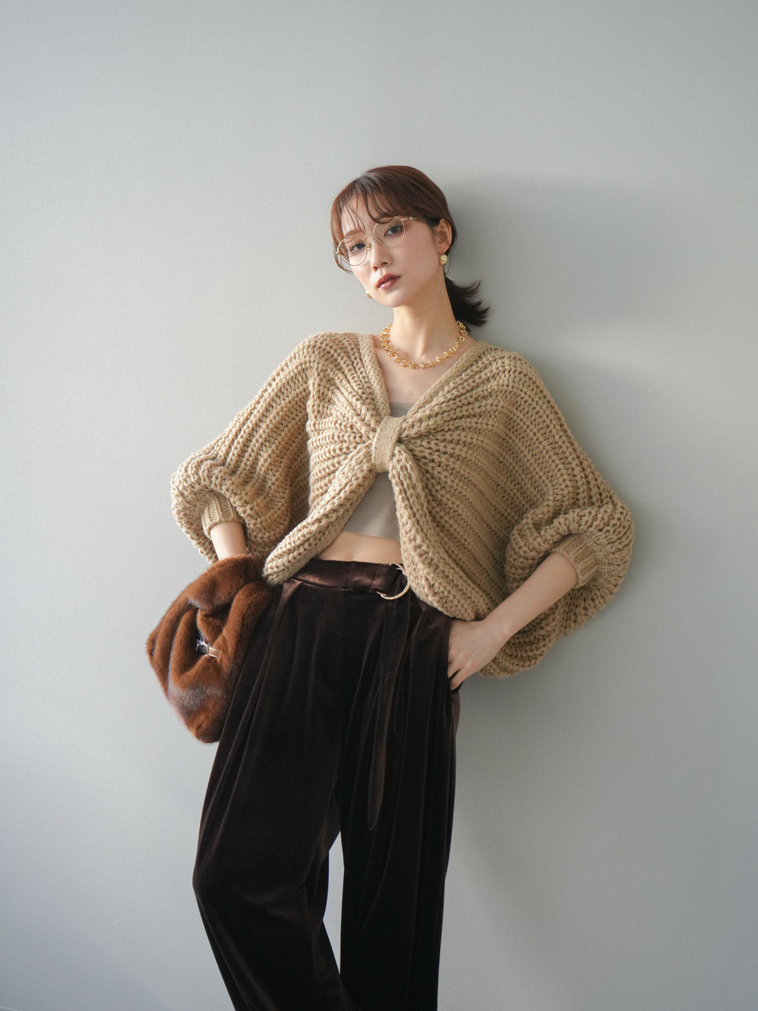 [予約]ローゲージ畦編みドルマンニットボレロ/beige