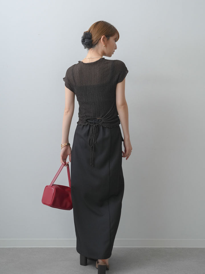 [SET]シャーリングシアーバックオープンフレンチトップス+クレープデシンフラップ付きストレートスカート(2set)