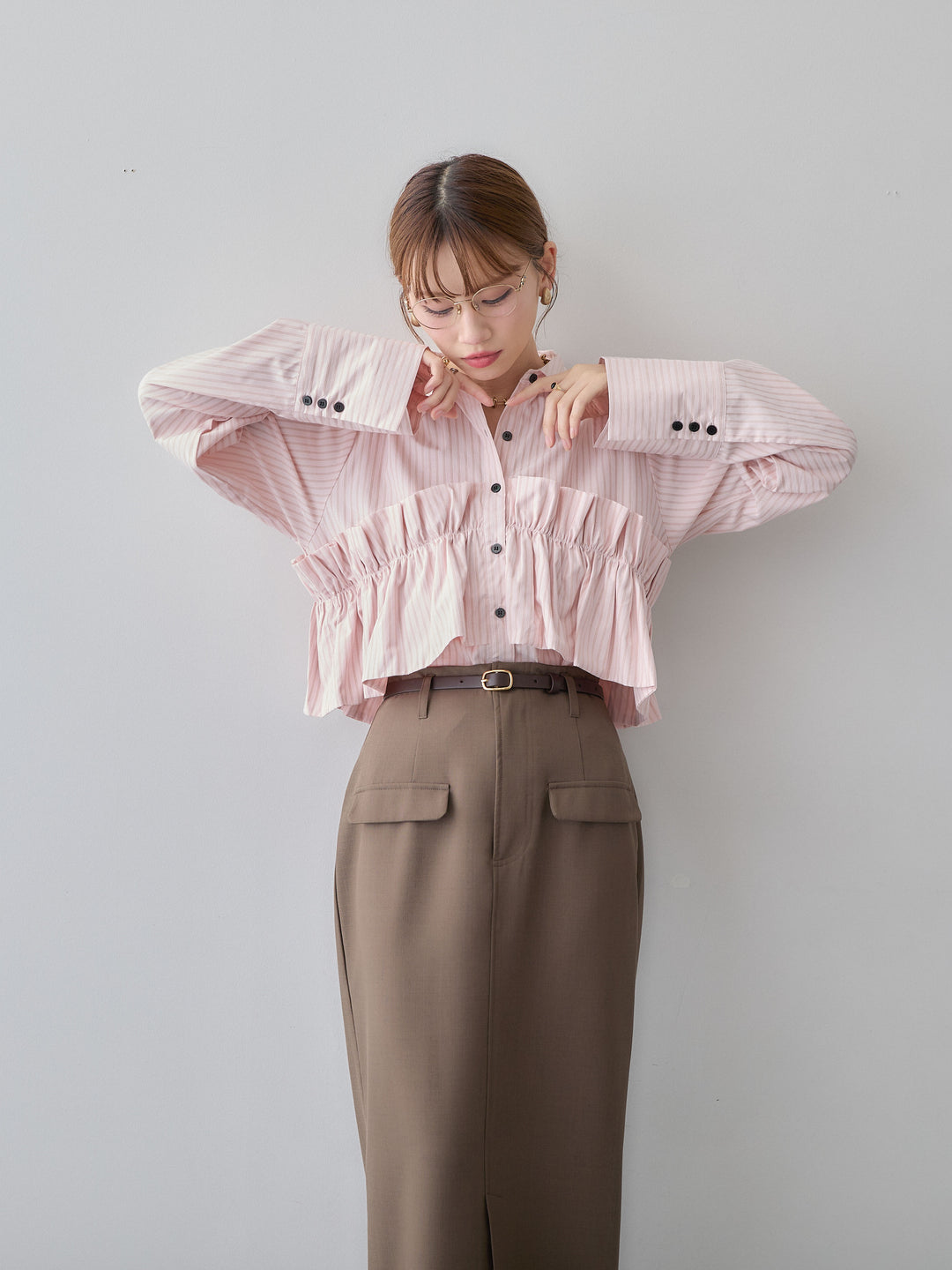 [SET]ストライプフリルシャツ+クレープデシンフラップ付きストレートスカート(2set)