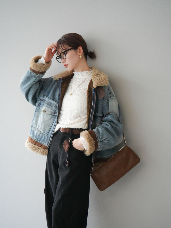 [予約]スタンドカラーファー×デニムジャケット/lightblue