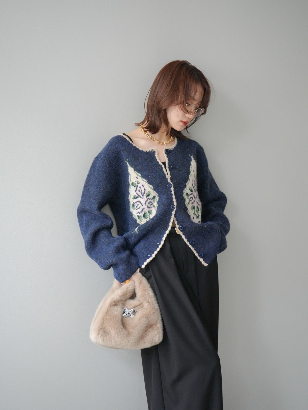 [予約]アンティークフラワージャガードニットカーディガン/navy