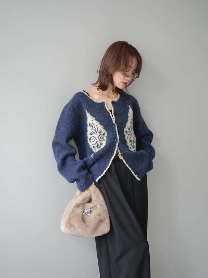 [予約]アンティークフラワージャガードニットカーディガン/navy