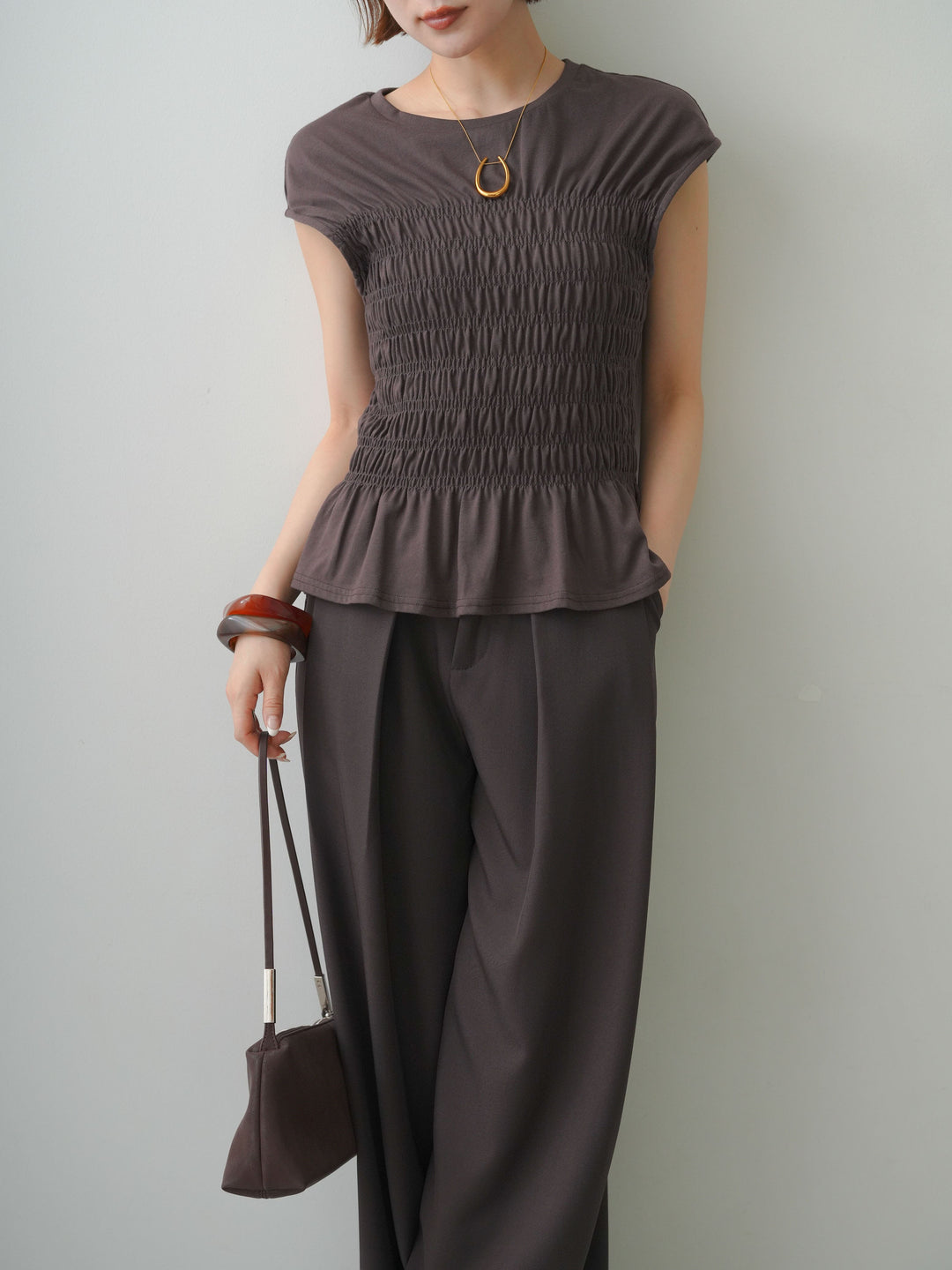 [予約]フレンチスリーブシャーリングトップス/brown