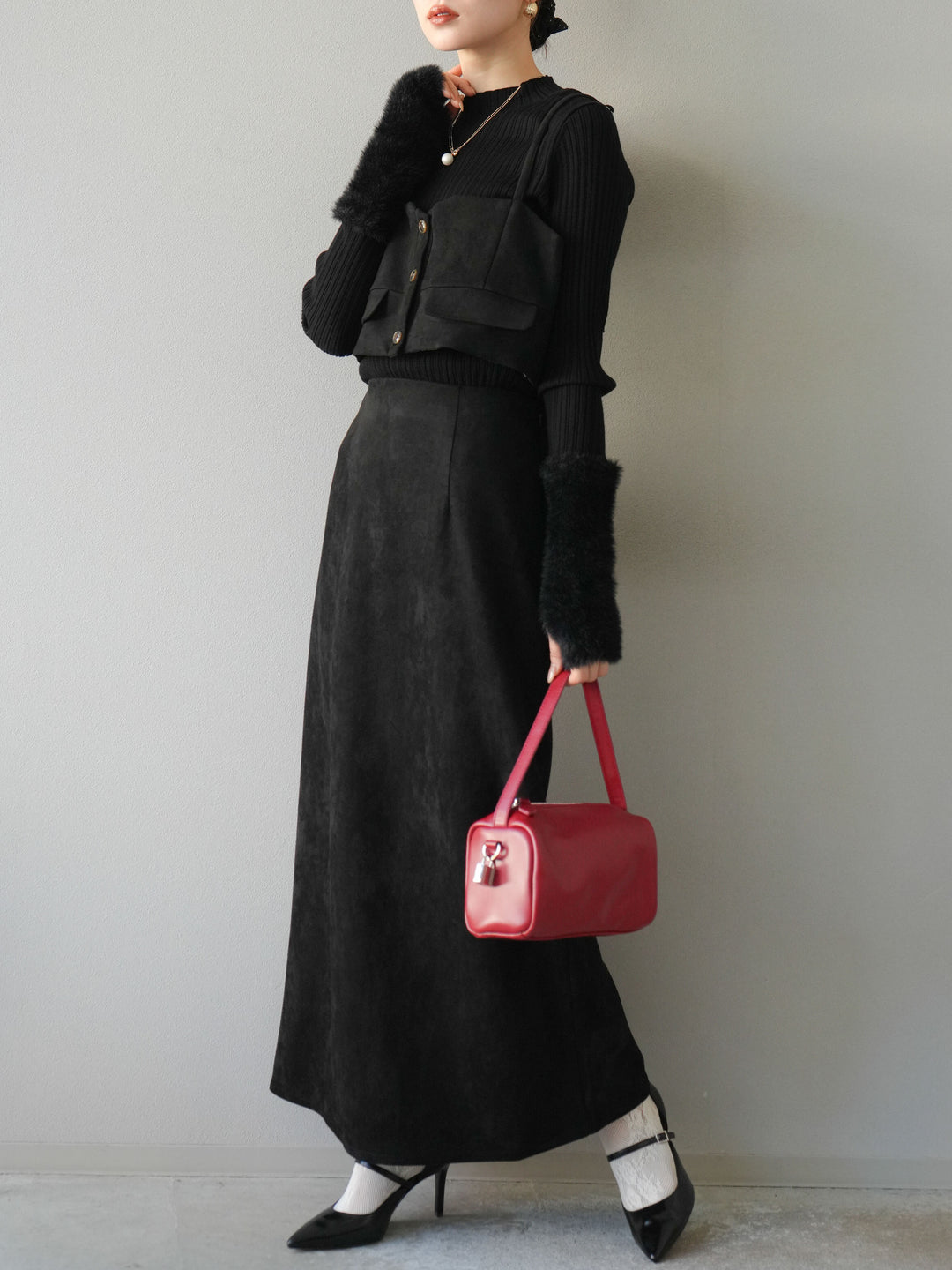 [SET]スウェードビスチェ+アームシャギーランダムリブニットトップス+スウェードIラインスカート(3set)