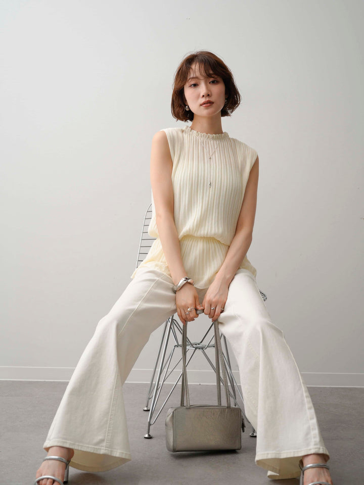 [予約]ウエストギャザーリブニットノースリトップス/white