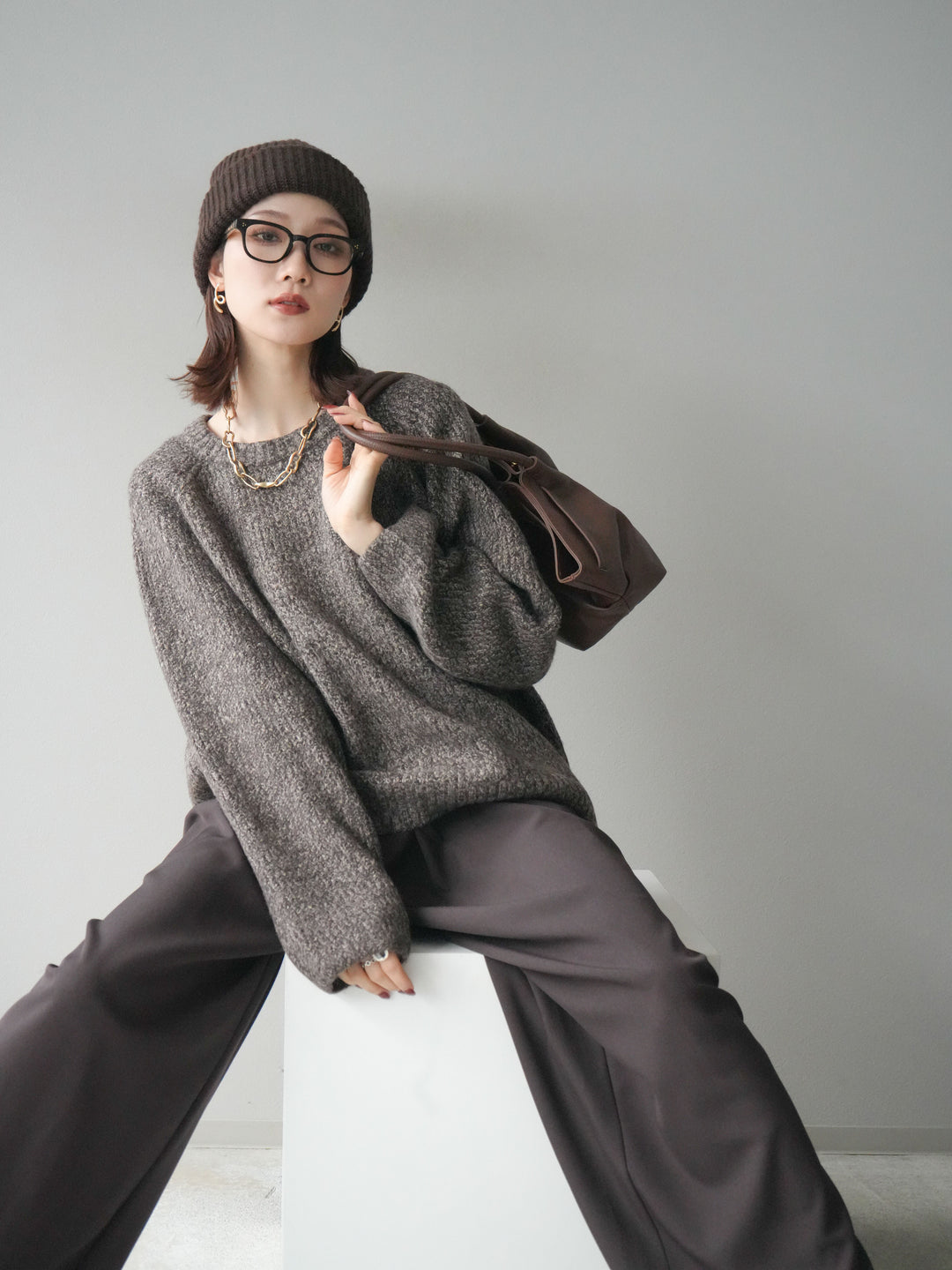 [SET]クルーネック畦編みミックスニット+選べるアクセセット(2set)