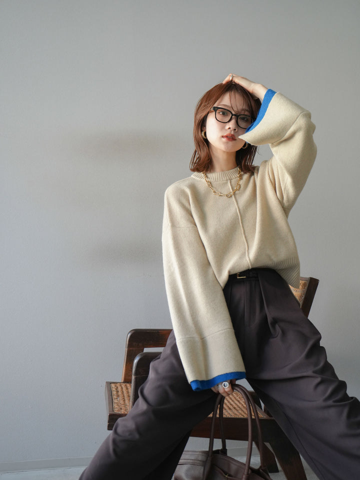 [予約]袖レイヤード配色ニットプルオーバー/ivory