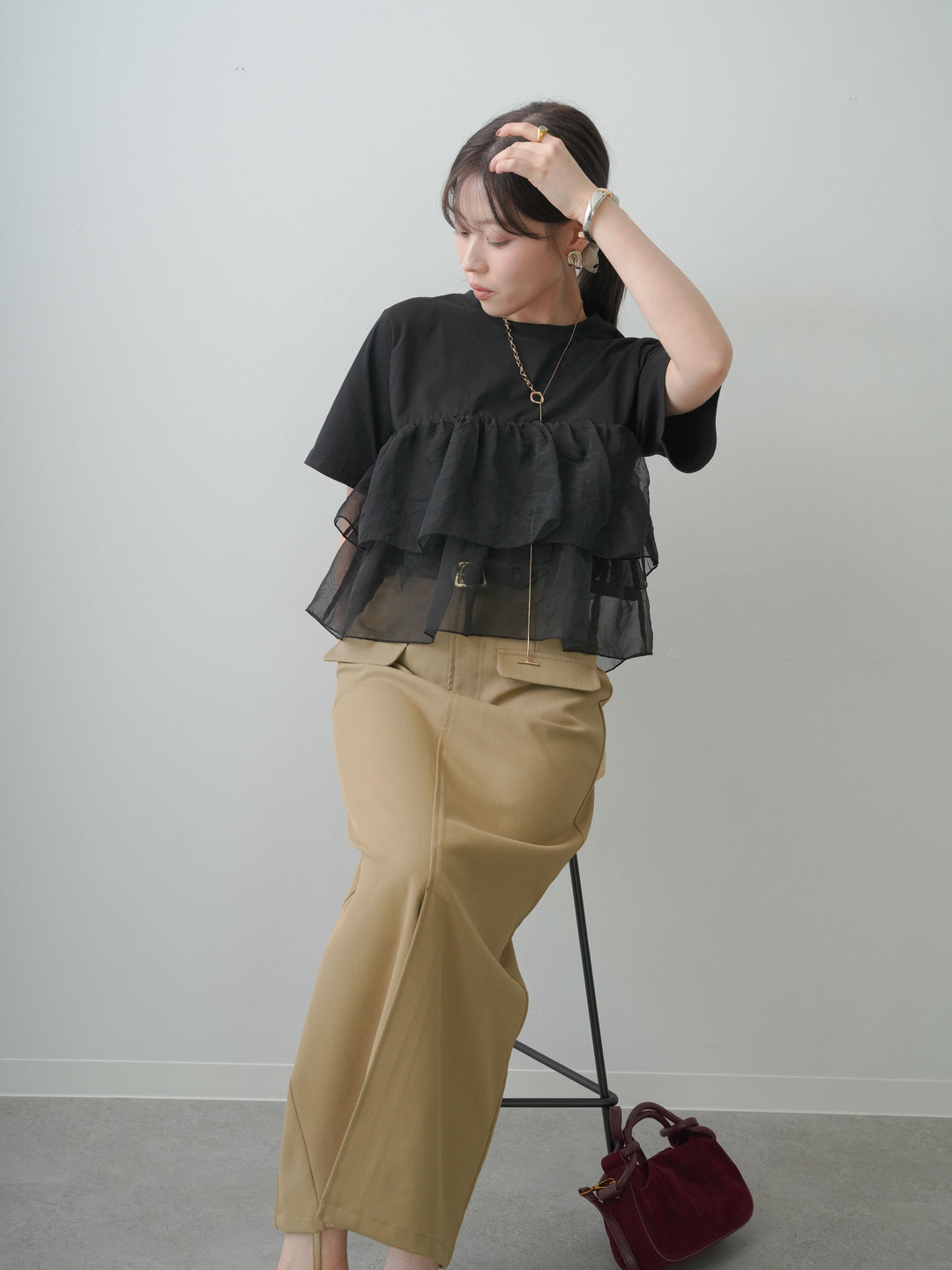 [SET]オーガンジーフリルドッキングTEE+クレープデシンフラップ付きストレートスカート(2set)