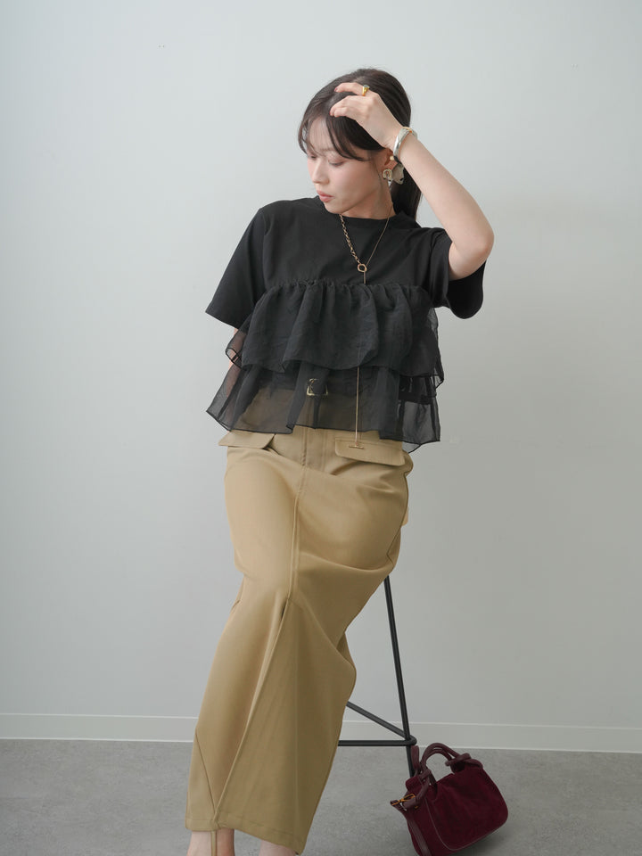 [SET]オーガンジーフリルドッキングTEE+クレープデシンフラップ付きストレートスカート(2set)