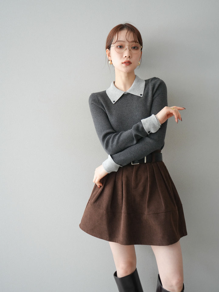 [予約]ニットカフス襟付き配色リブニットトップス/charcoal