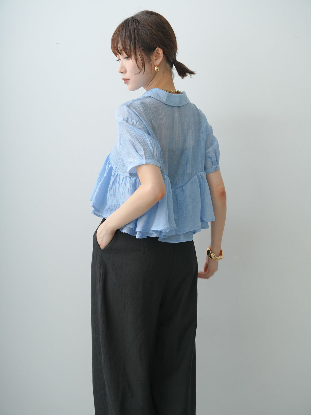 [SET]楊柳ペプラムシアーハーフシャツ+楊柳ペプラムシアーハーフシャツ(2set)