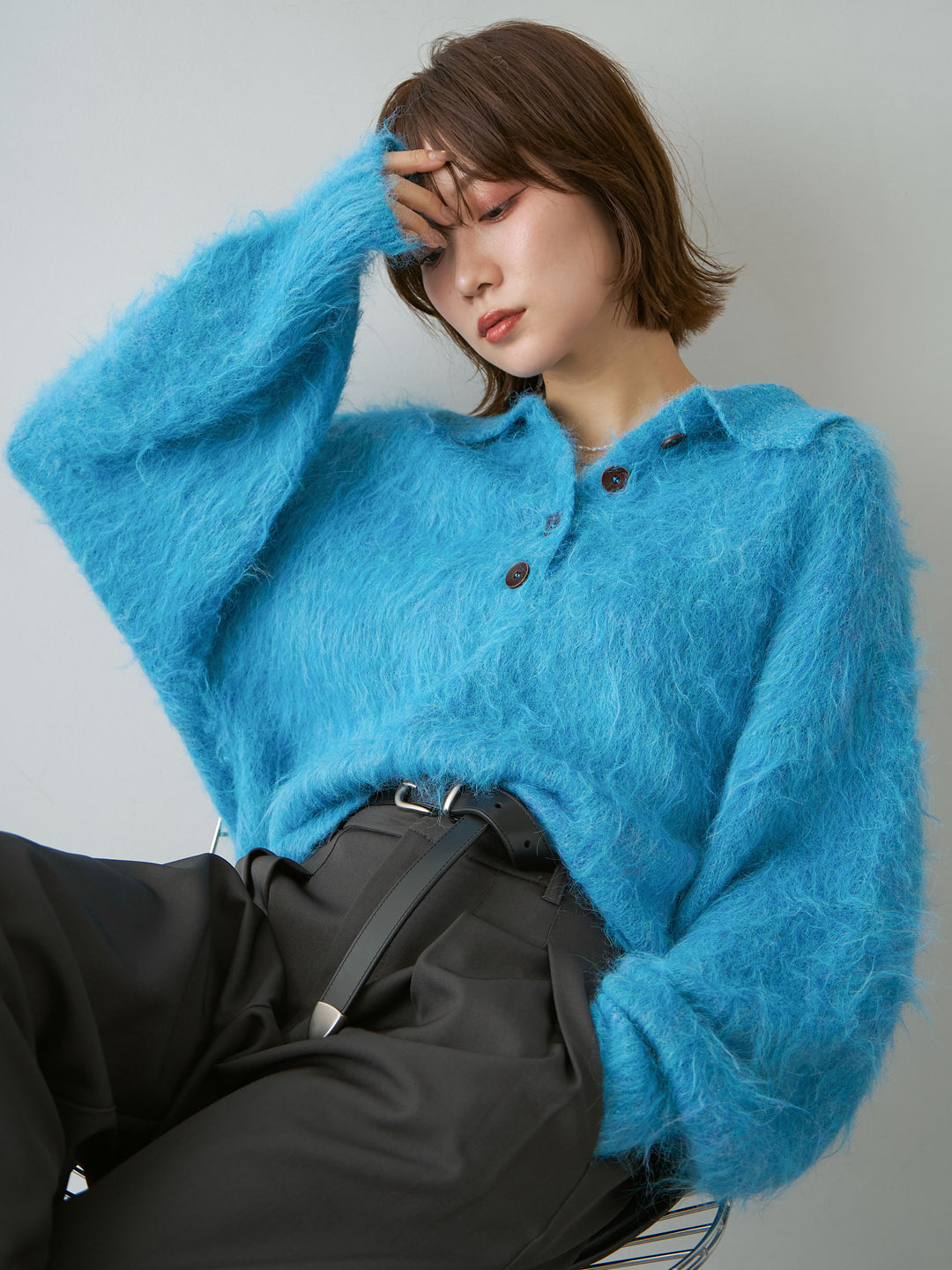 [SET]ヘンリーシャギーニットトップス+ツイルタックワイドパンツ(2set)