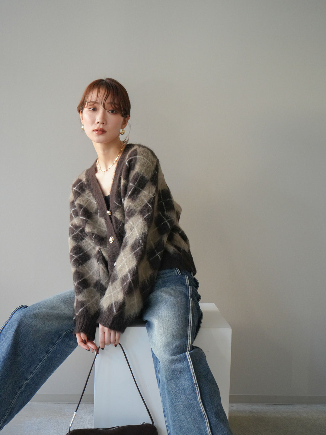 [予約]アーガイルシャギーニットカーディガン/brown