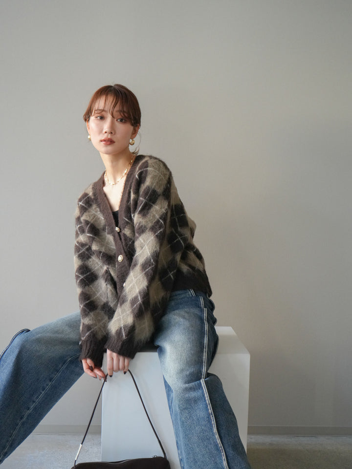 [予約]アーガイルシャギーニットカーディガン/brown