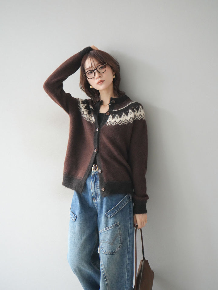 [SET]ノルディック柄ニットカーディガン+ペインターカーブデニムパンツ(2set)