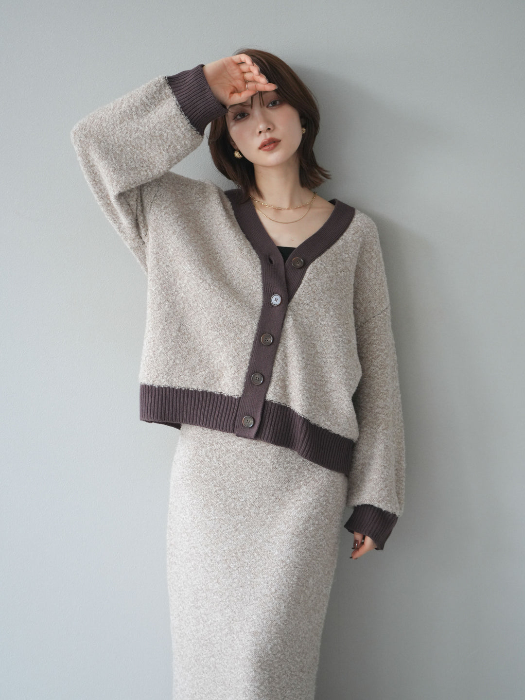 [SET]ブークレバイカラーニットカーディガン+ブークレバイカラータイトニットスカート(2set)