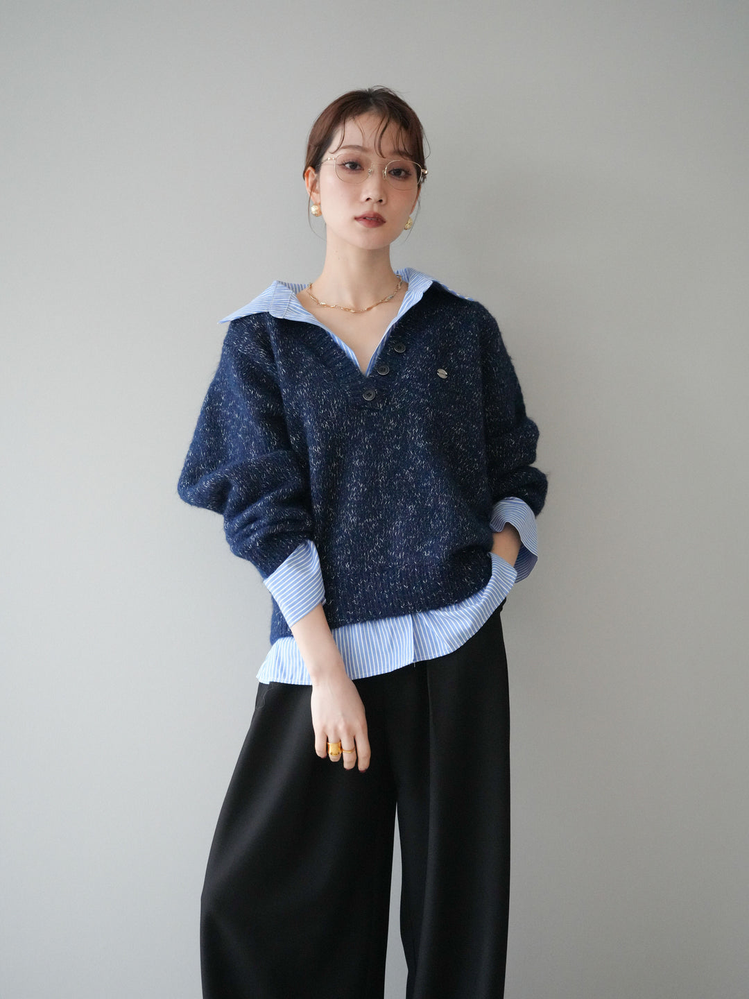 [予約]ストライプシャツドッキングMIXヤーンニットプルオーバー/navy