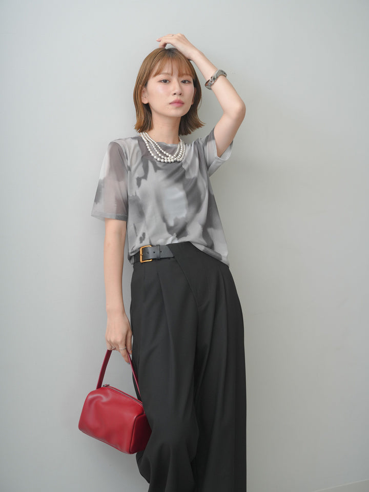 [予約]水彩柄メッシュシアー半袖プルオーバー/monokuro