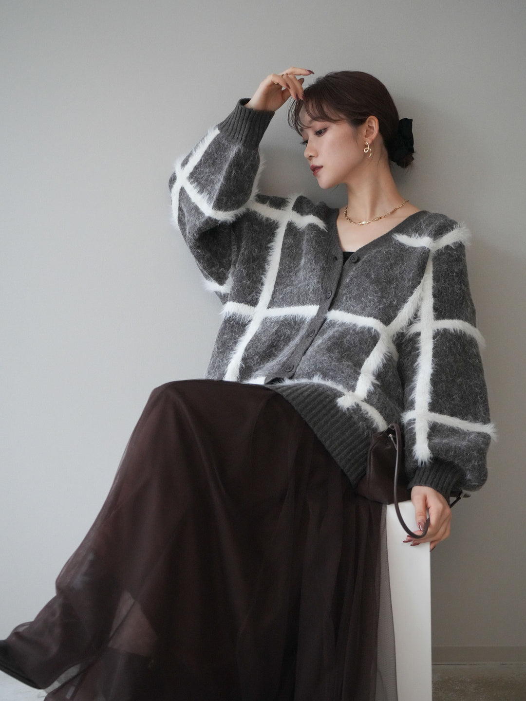 [予約]ミックスシャギーチェックカーディガン/brown