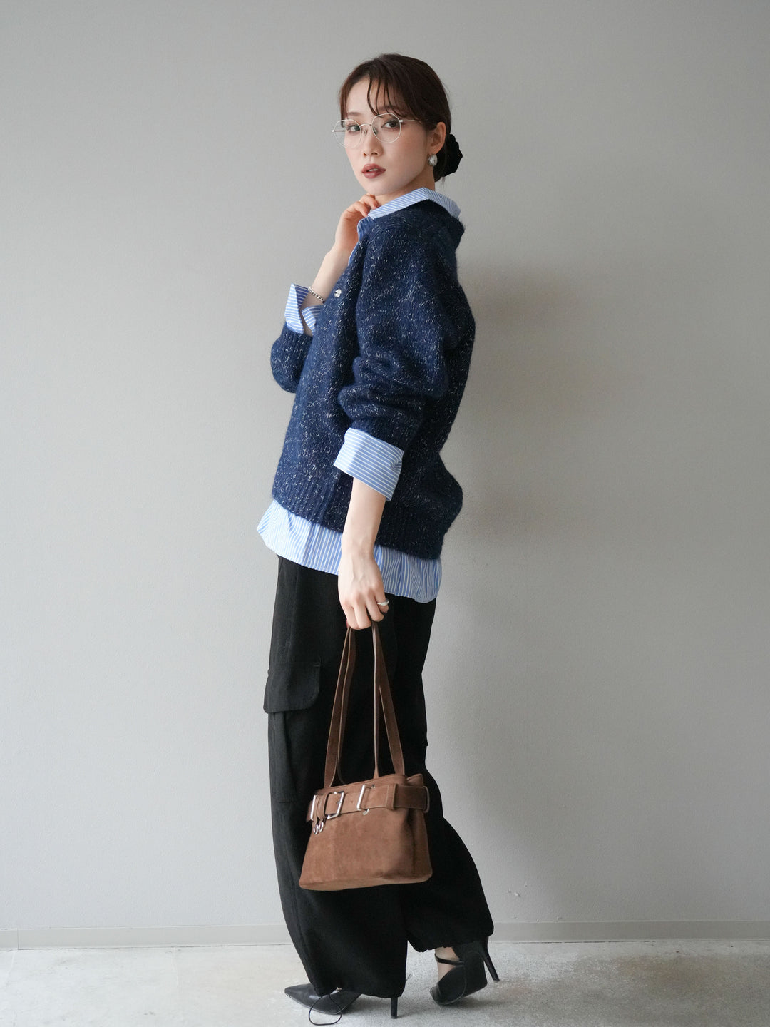 [SET]ストライプシャツドッキングMIXヤーンニットプルオーバー+ベルト付コーデュロイカーゴパンツ(2set)