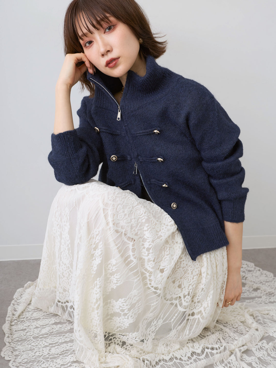 [SET]ナポレオンジップニットカーディガン+カップ付テレコリブベアキャミソール+ベロアレースドレープフレアスカート(3set)