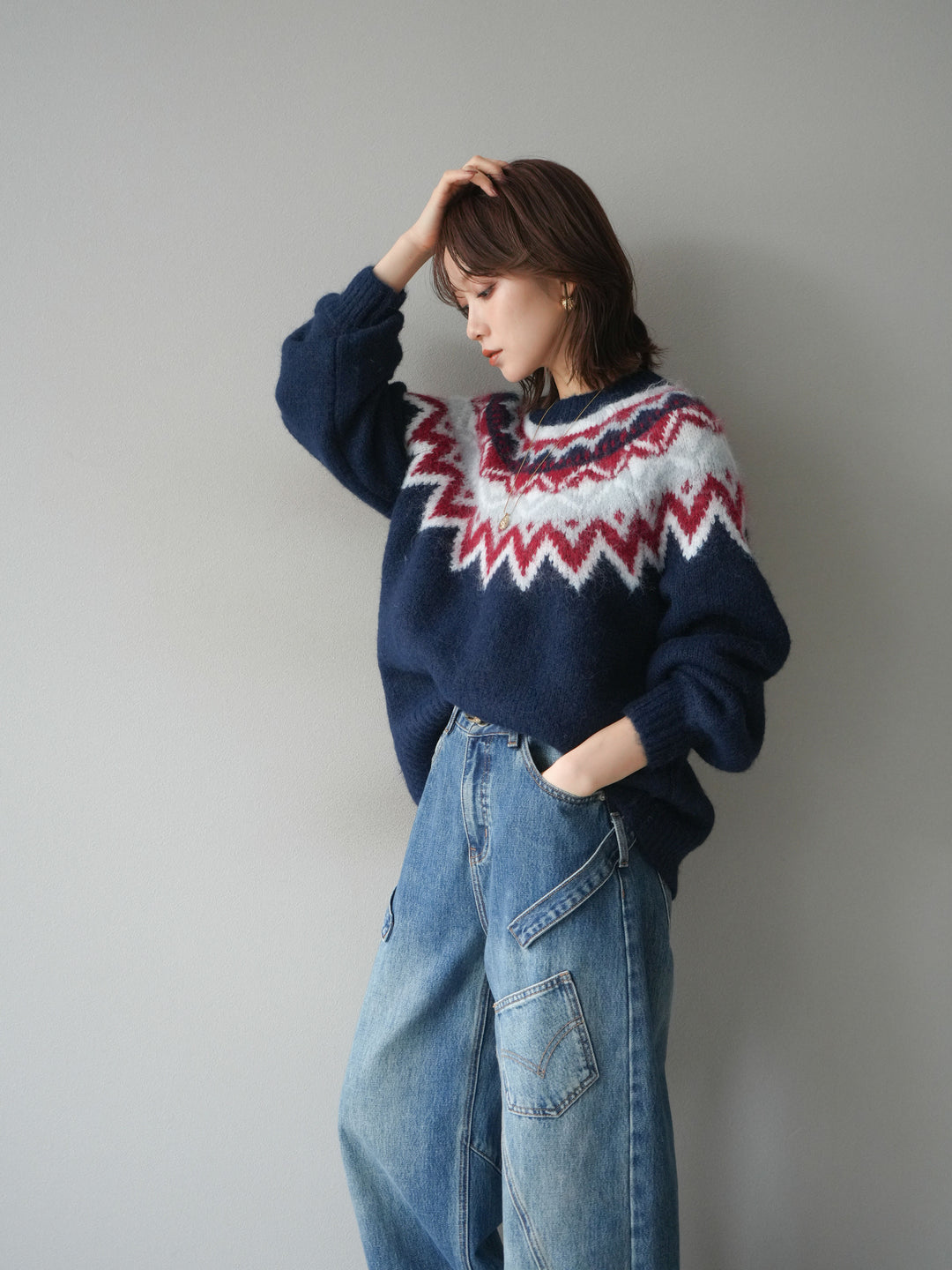 [SET]求心柄オーバーニットプルオーバー+ペインターカーブデニムパンツ(2set)