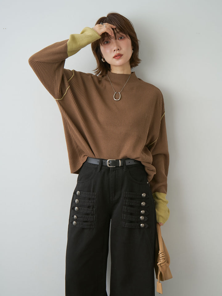[予約]バイカラーモックネックリブニットトップス/brown