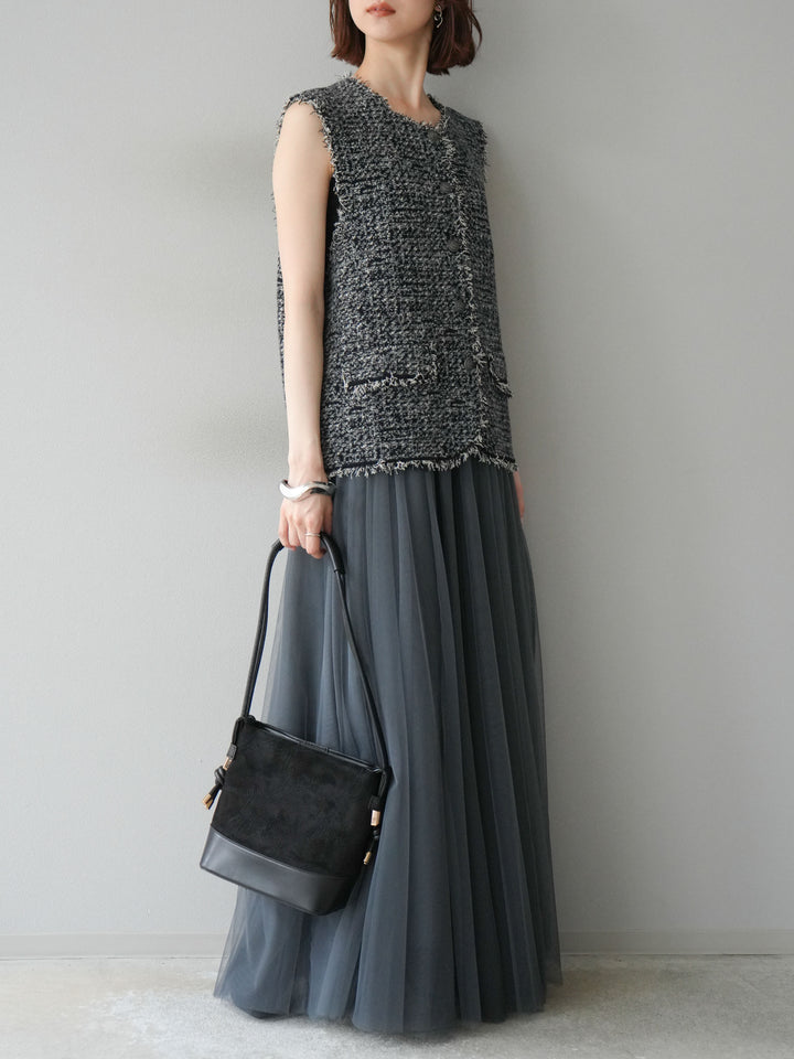 [予約]ミックスツイードフリンジニットベスト/ブラック