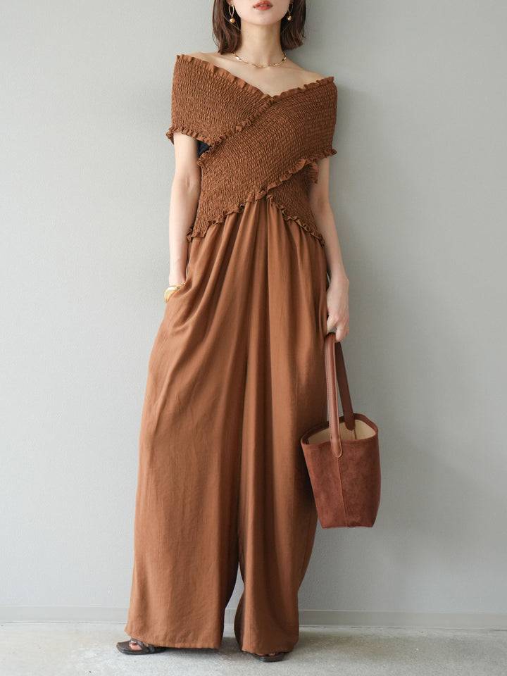 [予約]シャーリングクロスサロペット/ブラウン