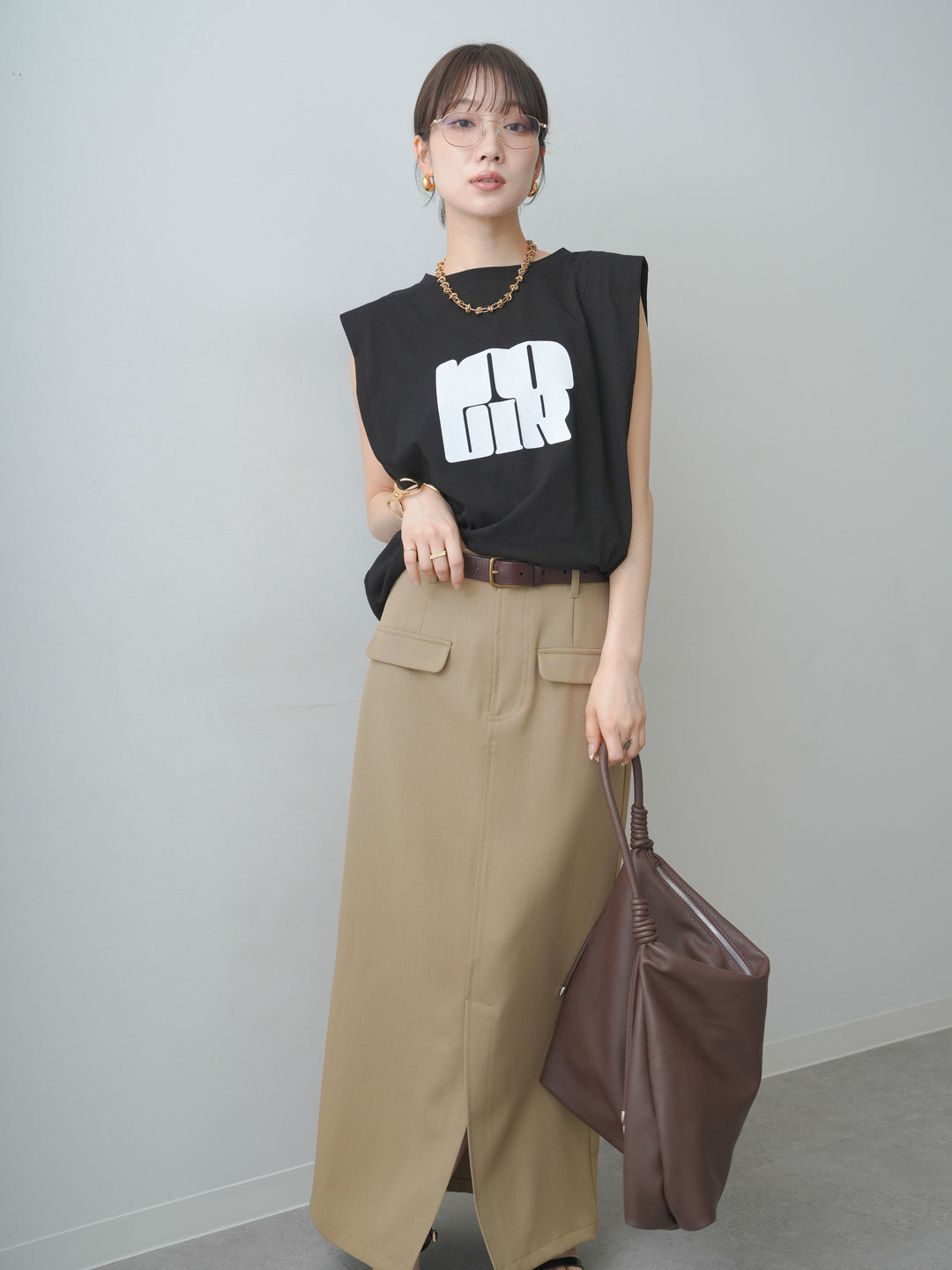 [SET]フロントジップフリルカラーデニムトップス+ショルダータックノースリーブオーバーTEE+ベルトループカーブタックワイドパンツ(3set)