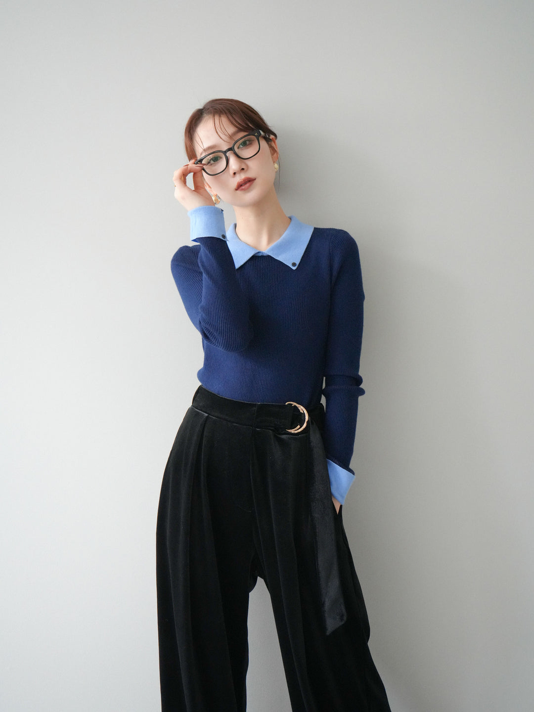 [予約]ニットカフス襟付き配色リブニットトップス/navy