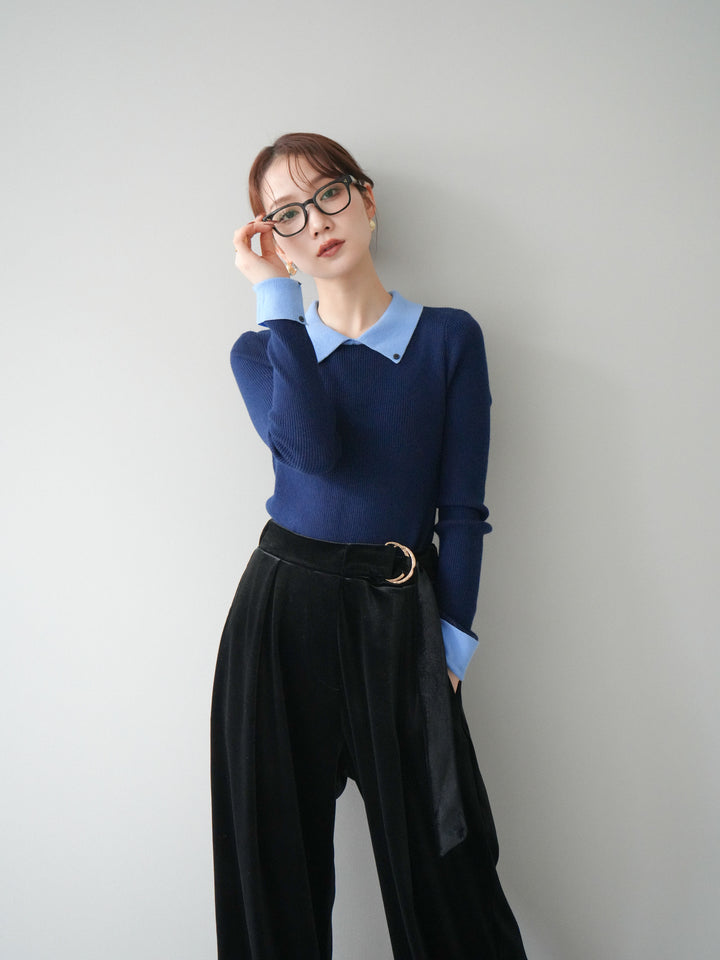 [予約]ニットカフス襟付き配色リブニットトップス/navy